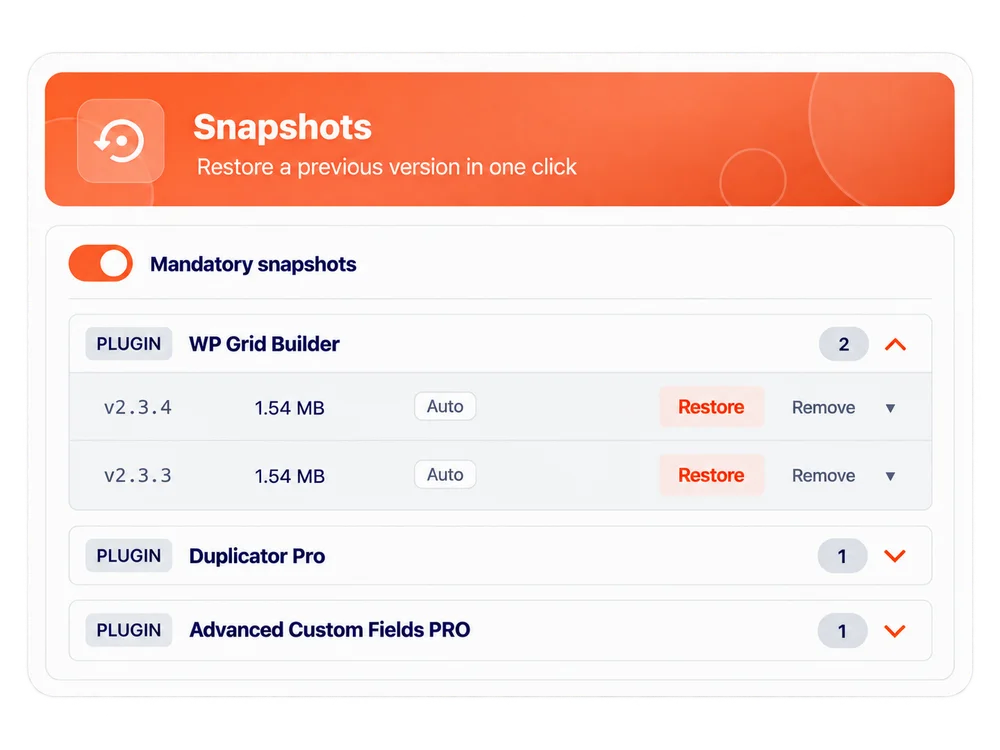 Saved plugin versions in Chimp Updater with Restore controls