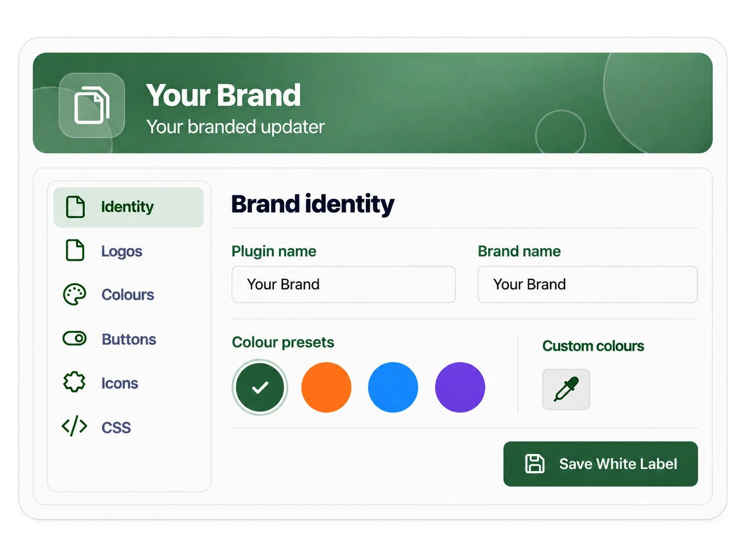 Chimp Updater white-label settings for your agency name, logo and colours